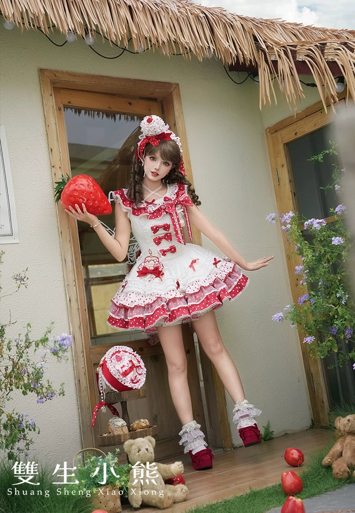 Shuang Sheng Xiao Xiong - Bite The Cake - Sweet Lolita Dress, Red & White Polka Dots 43600:780691