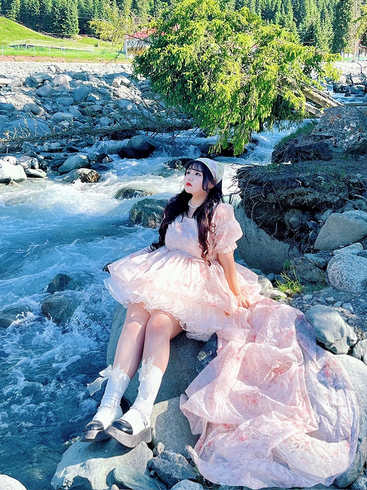 Rouroudream - Selkie - Plus Size Sweet Lolita OP Trailing Floral Princess Gown Dress Floral OP dress XL