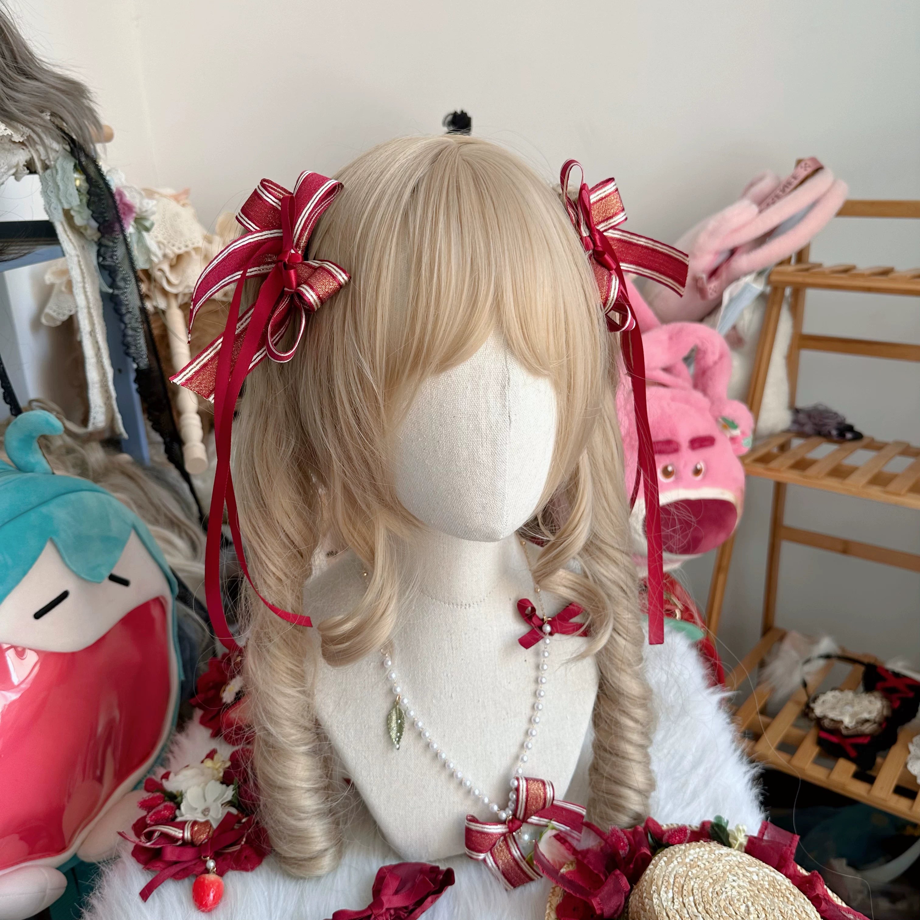 Red Sweet Lolita Headdress, Bows and Strawberry Pendants