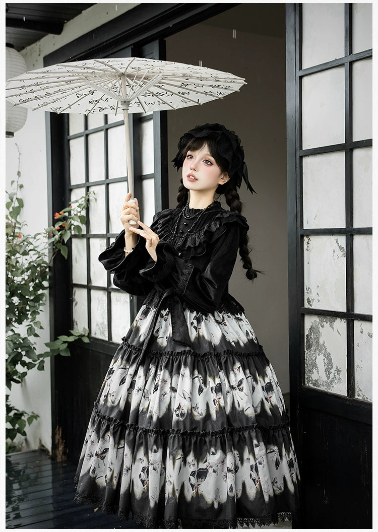 With PUJI - Dead Leaf Butterfly - Gothic Lolita JSK & OP Dress Set, Butterfly Print 44346:805372