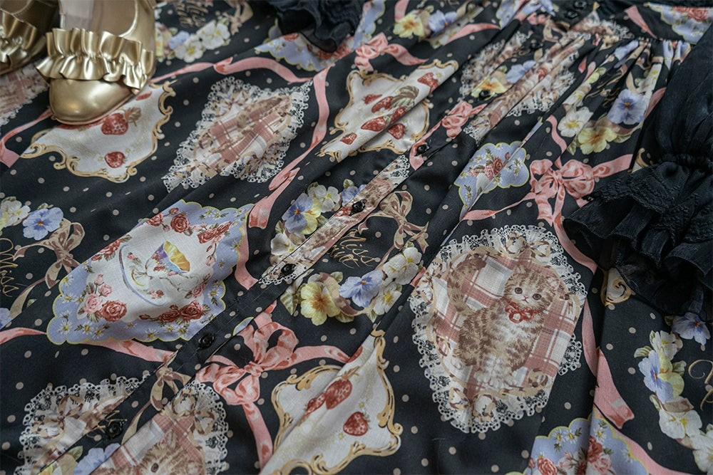 Miss Point~Cat Rose Tea~Sweet Lolita Skirt with Cute Prints Customized Size (Black / 2XL L M S XL XS) 42140:728157
