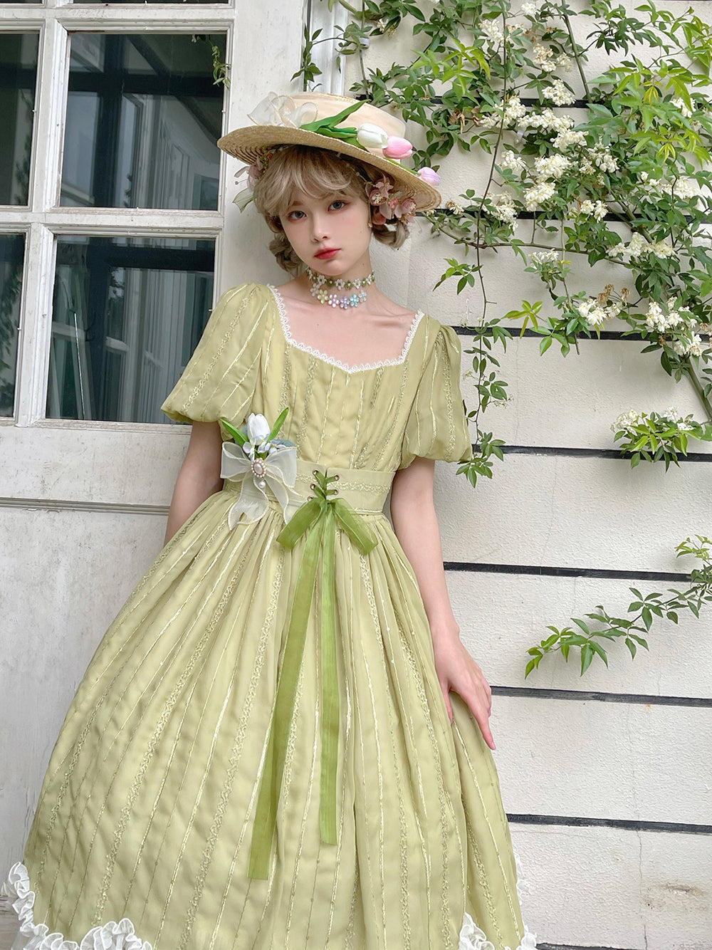 Miss Point~Tulip~Classic Lolita OP Dress Short Sleeve Dress Multicolors XS Grass green without lace on the chest 