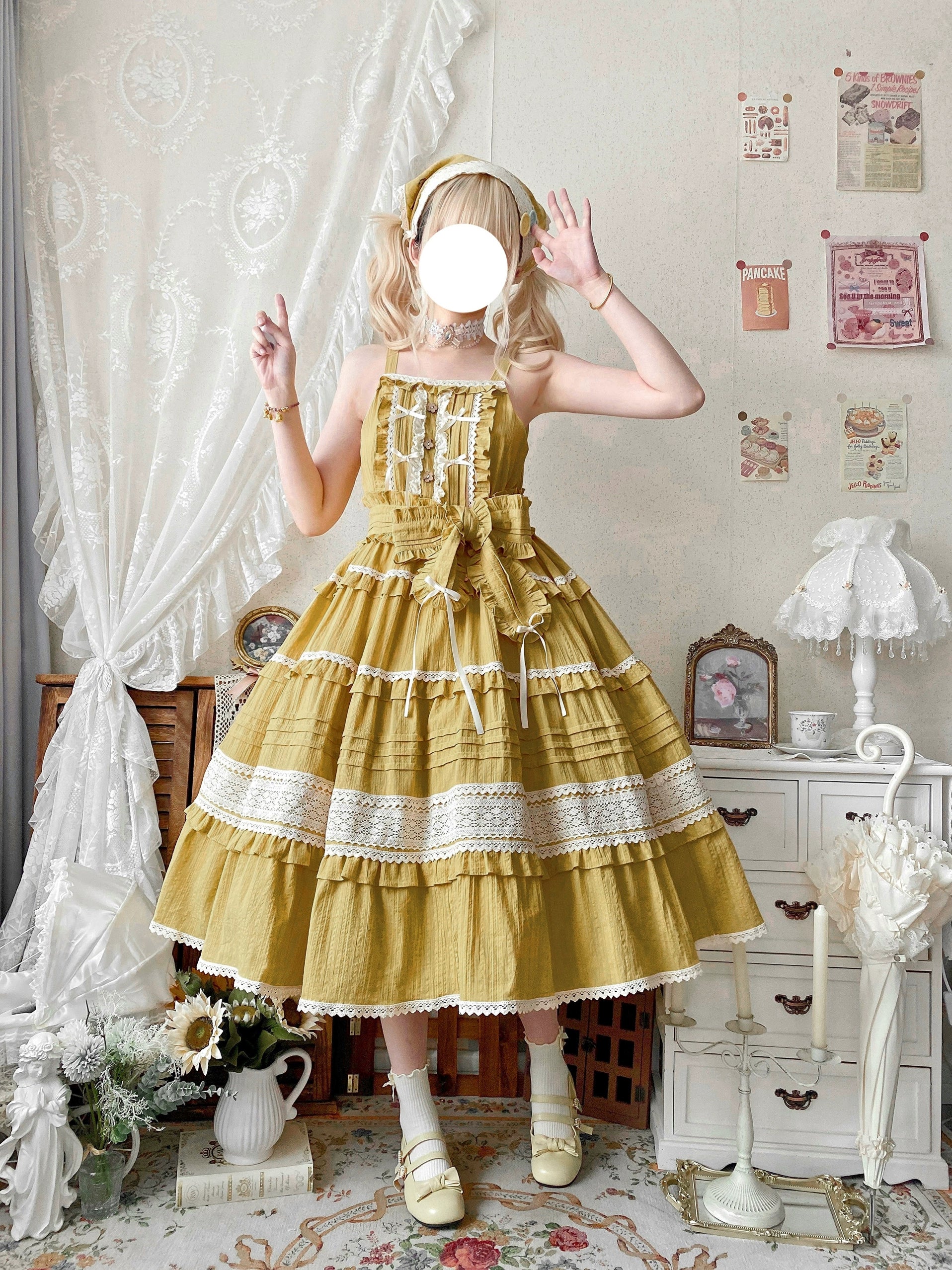 Qianmu - Summer Floral Tea - Country Lolita Cotton Jumper Dress Burlap Dress S Chamomile (yellow)