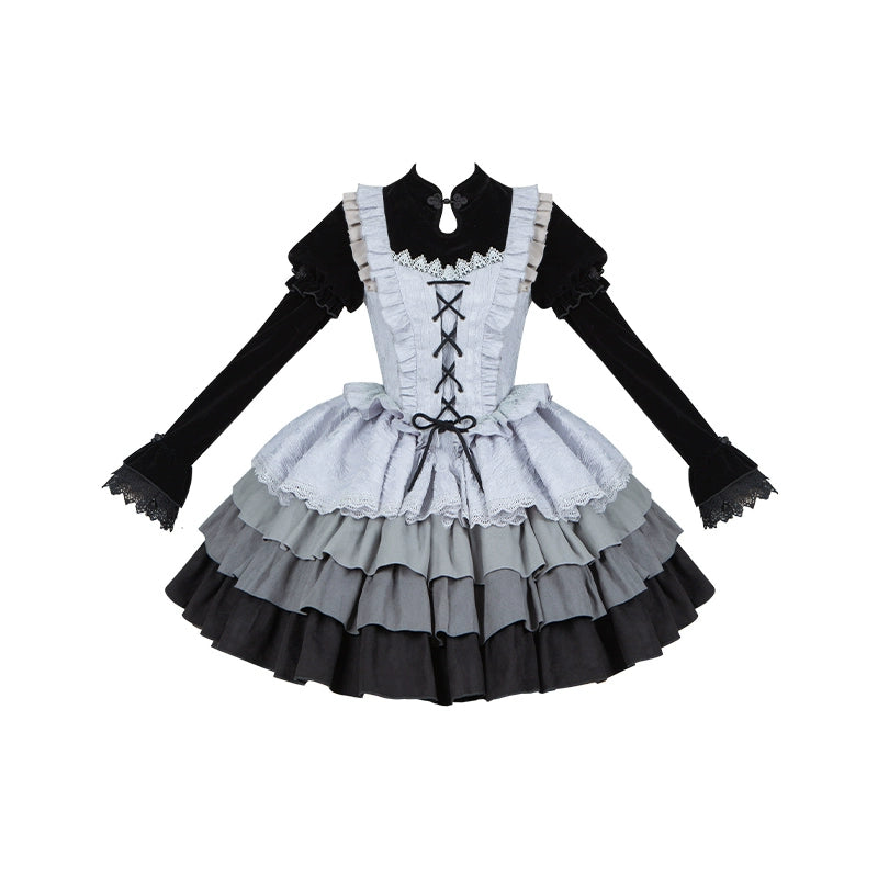 With Puji - Innocent Talk - Halloween Chinese Style Lolita OP Black-silver Gray Dress (L M S) 39966:645856