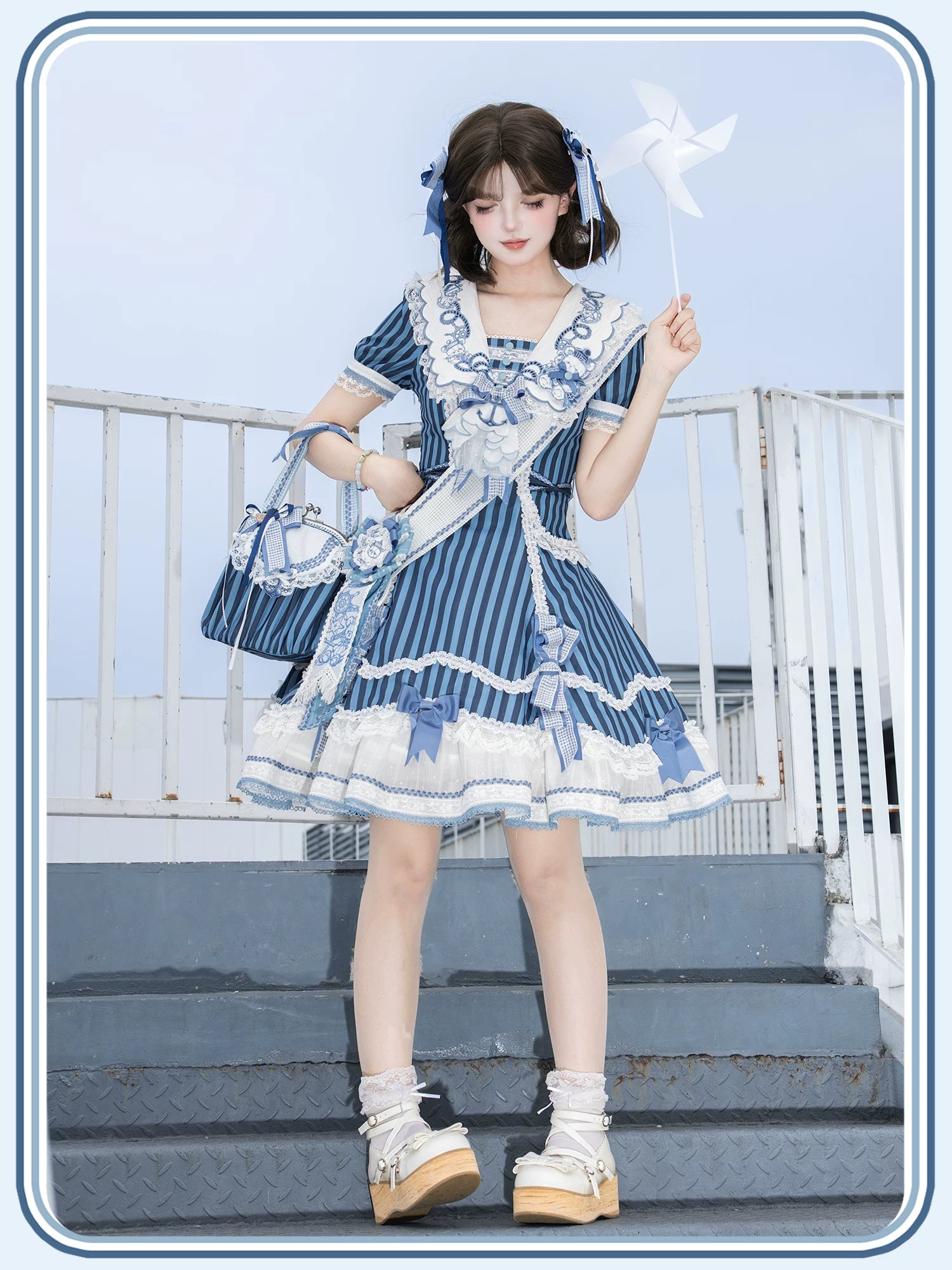 Antique Naval Bear - Striped Classic Lolita Sailor Collar OP, Bear Embroidery 45518:853977