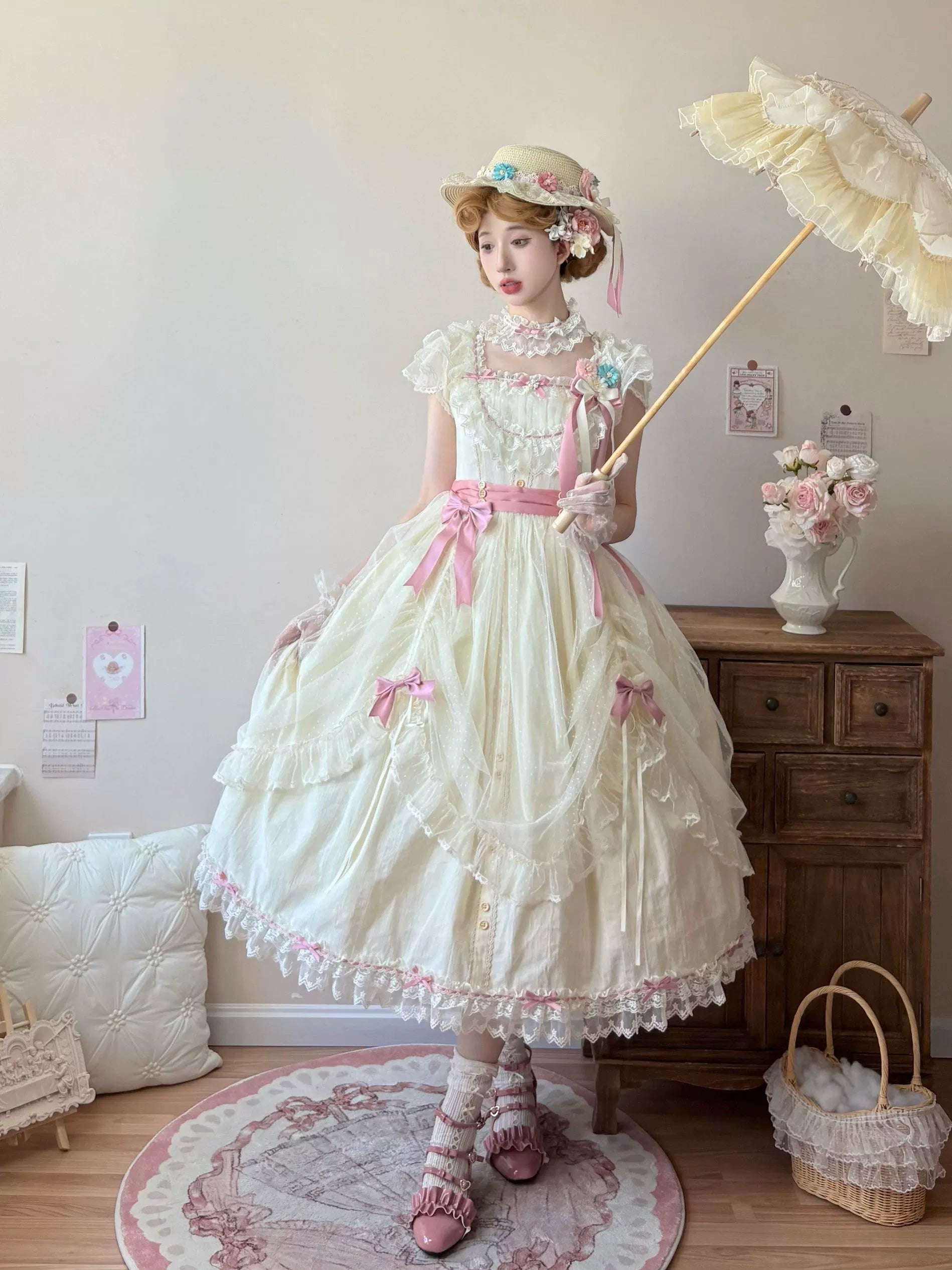Uncle's Workshop - Fluttering Cherry Spring Strings - Cotton Sweet Lolita JSK Dress 42196:776695