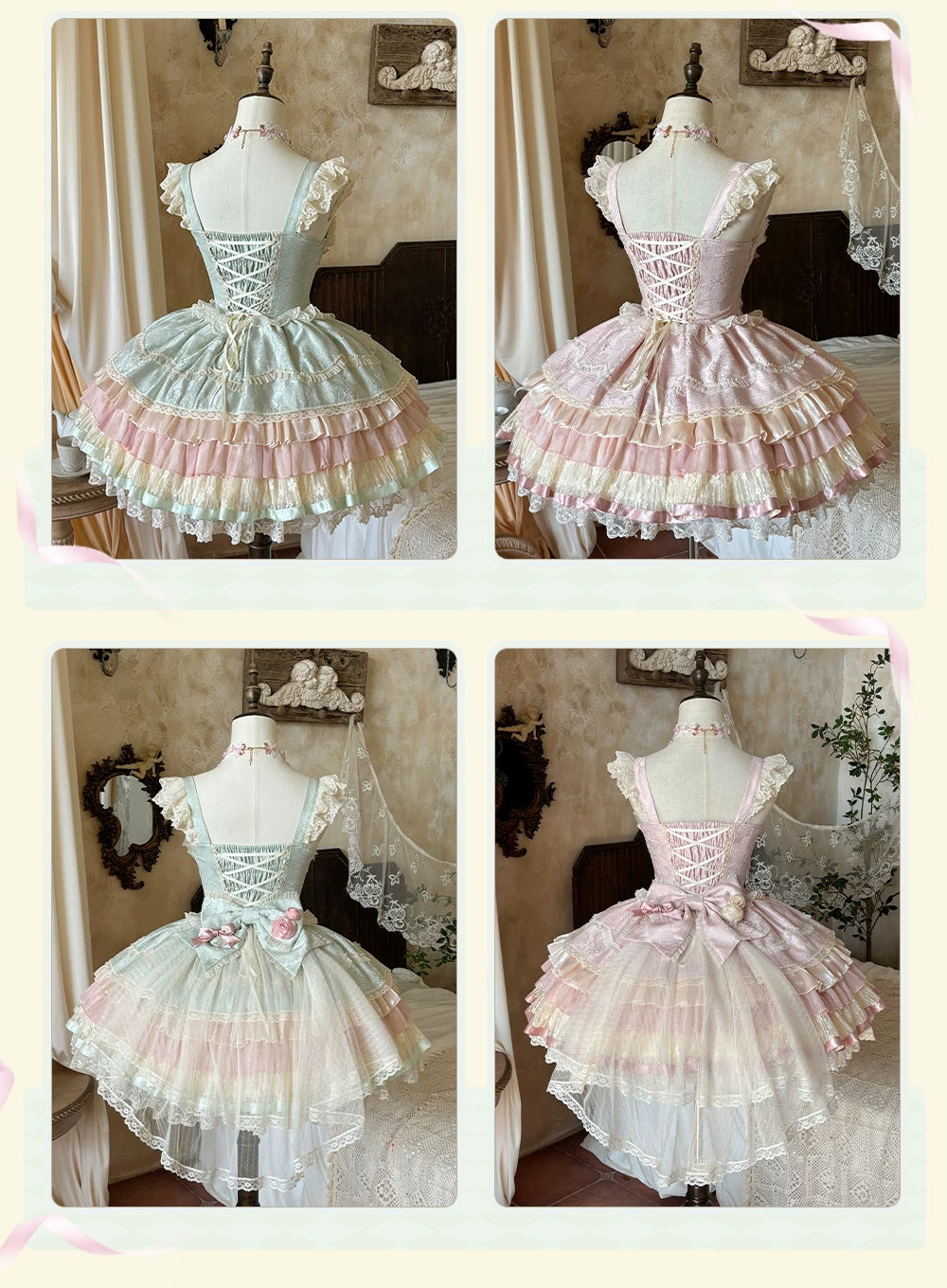 Lotus Crossing - Sweet Lolita Tiered Hem JSK Dress with Satin Bow 45302:844765