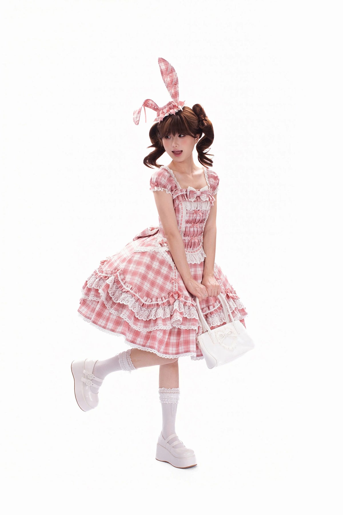 Plaid Lace Bunny - Old School Lolita Plaid OP Dress, Lace Trim 45992:871281
