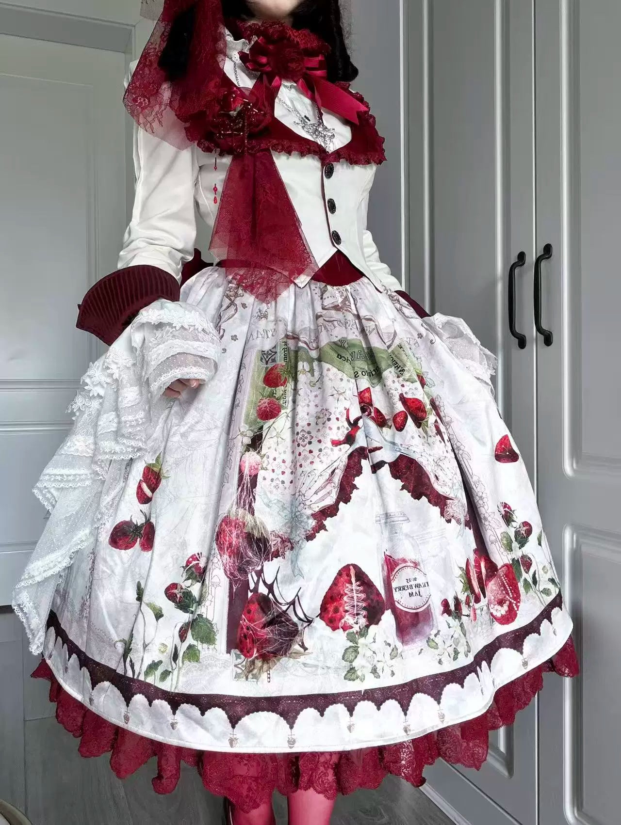 Monster Strawberry Hunt - Gothic Lolita Strawberry Printed Velvet Dress Set 45737:859891