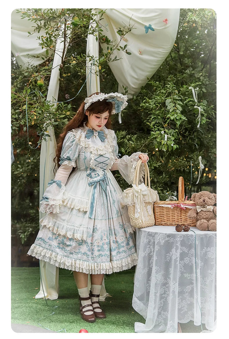 Showa Doll Garden - Elegant Plus size Lolita Dress, Bunny & Lamb Print 44534:812091