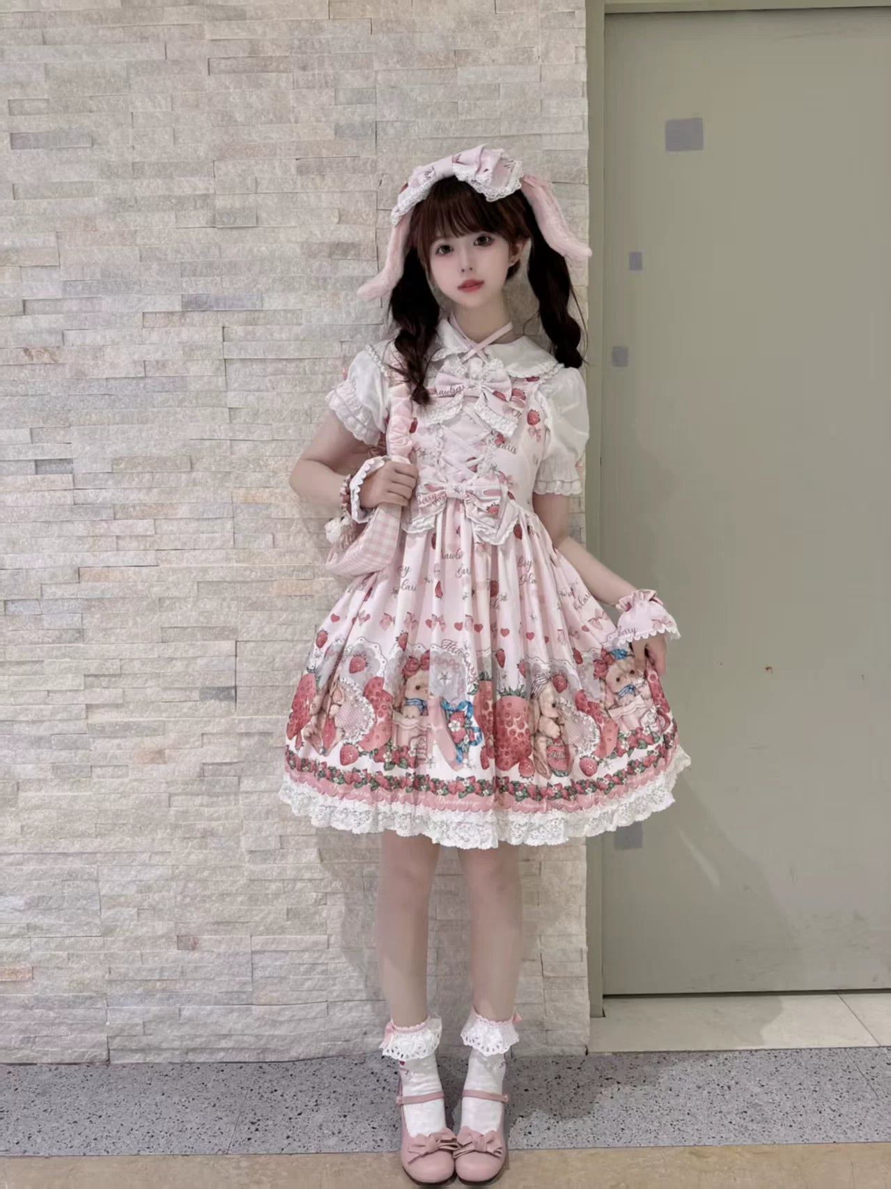 Rabbit Berry Gift Box SP - Printed Kawaii Lolita JSK, Elastic Ruffled Straps