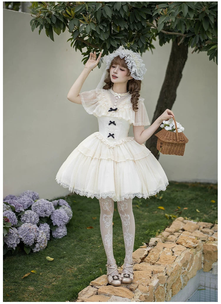 White Mist Promise - Classic Lolita Corset OP Set, Edwardian Collar & Tiered Hem 45173:838309