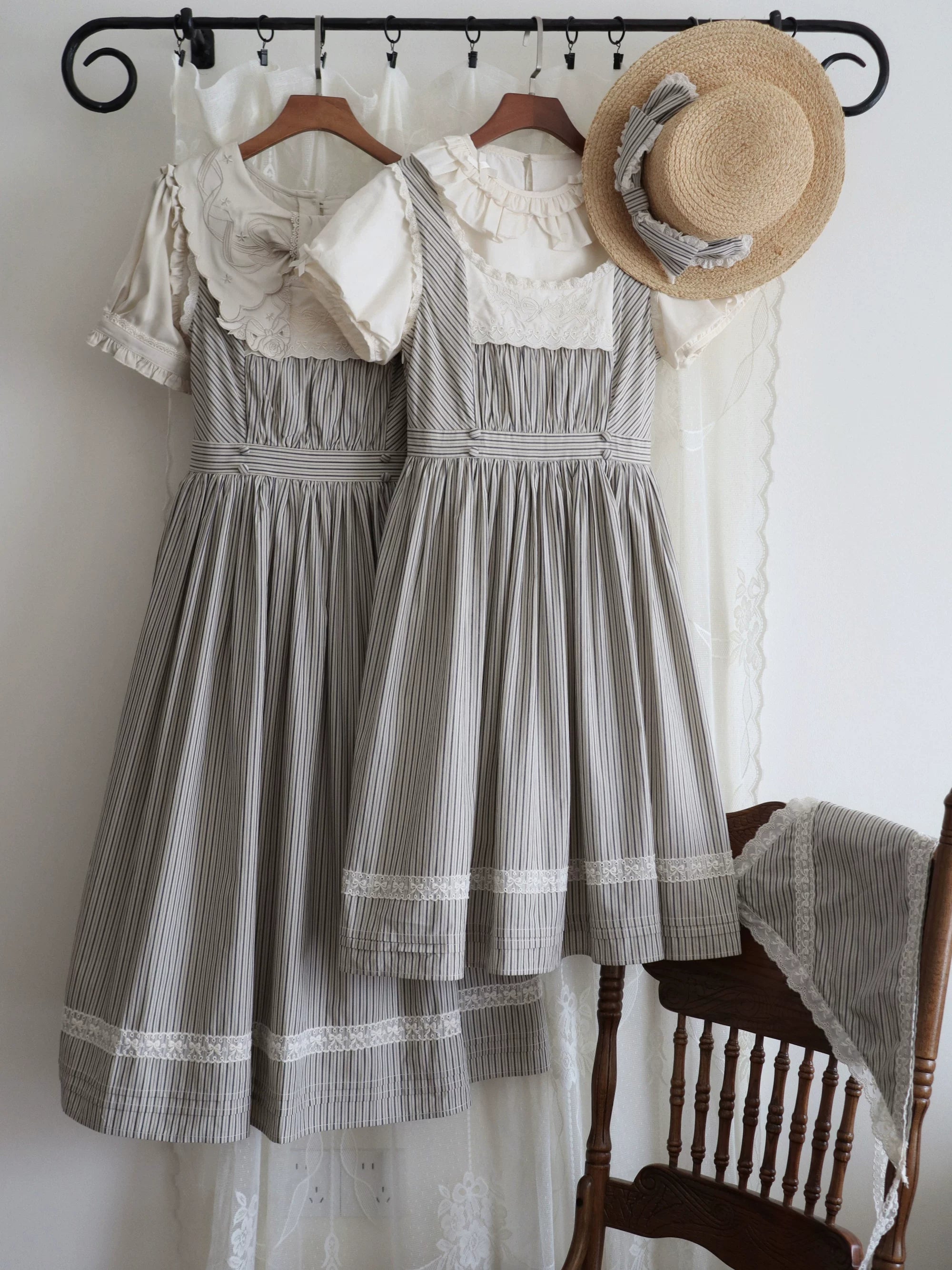 Stripe Minuet - Classic Lolita Striped JSK Dress, Embroidered Neckline (L M S XL) 45317:845337
