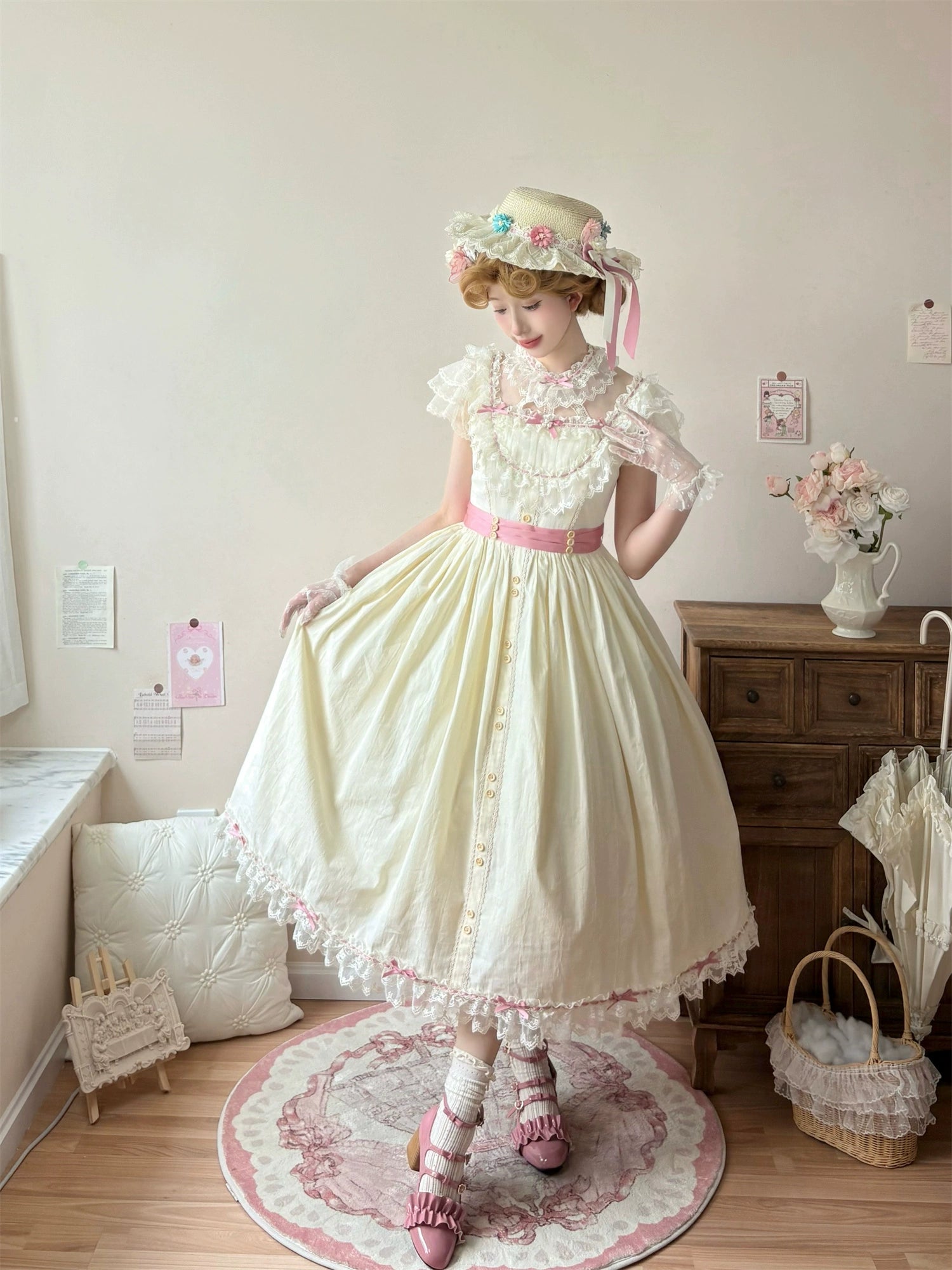 Fluttering Cherry Spring Strings - Cotton Sweet Lolita JSK Dress Long - Light Yellow - JSK Only (dress+waist tie) S