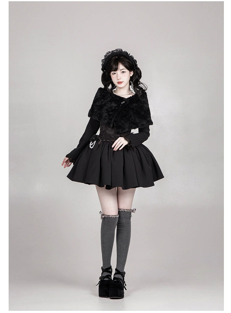 With PUJI~Old Testament~Classic Lolita Coat Black Plush Lolita Cape and Brooch 41702:711862