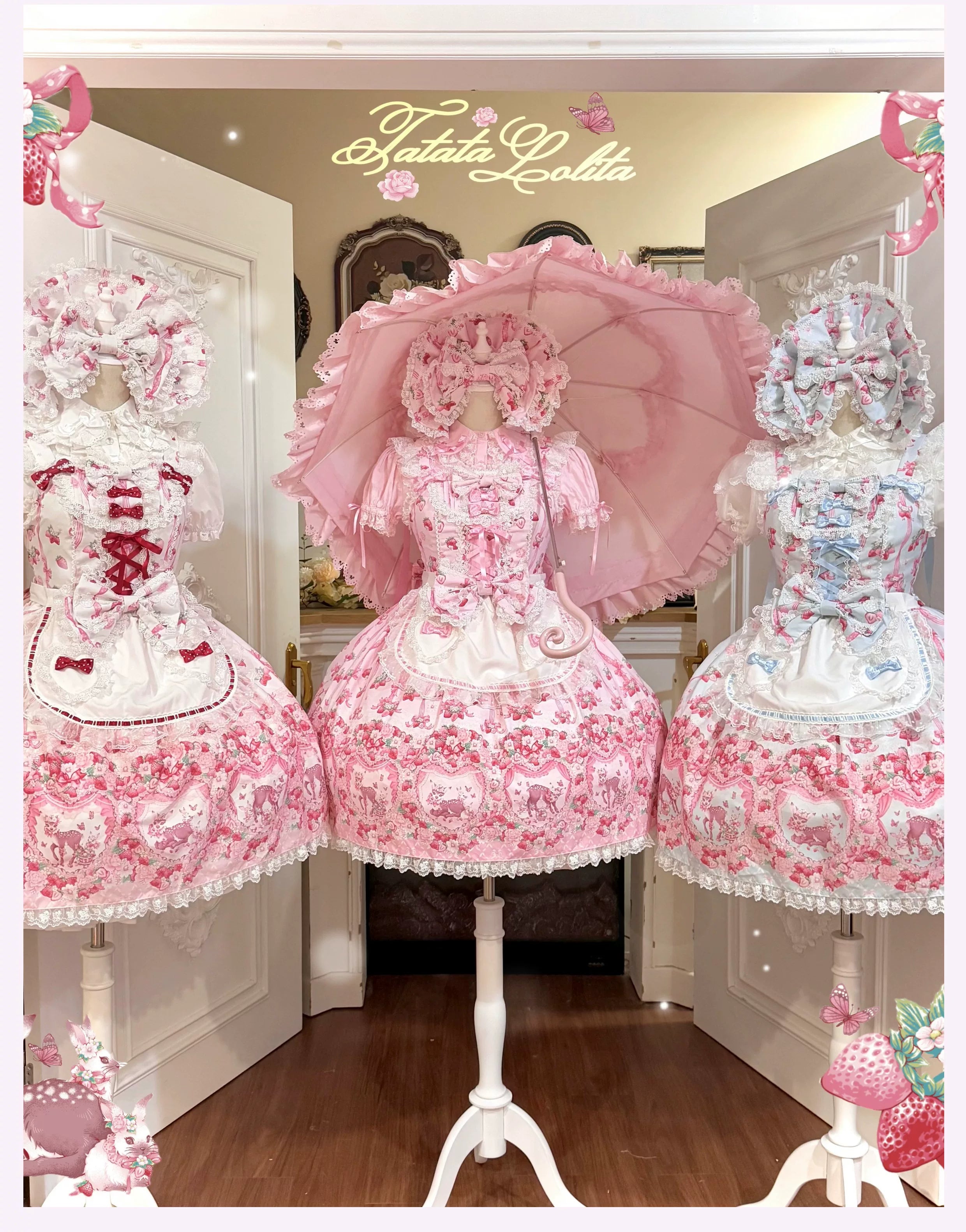 Deer Strawberry Garden - Old School Lolita Deer & Strawberry Printed JSK Dress 45681:860542