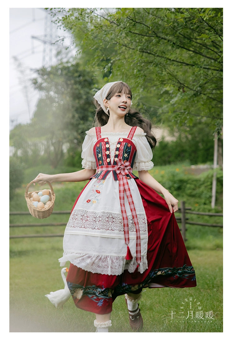 Nikki Tomorrow - Goose Pleasure - Country Lolita Red JSK Dress Apricot Shirt 38306:582496