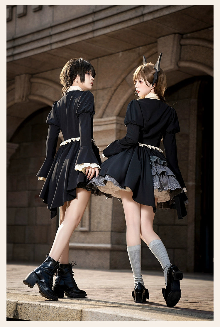 With PUJI - Night Feast - Gothic Lolita Suit Ouji Lolita Tailcoat Tiered Skirt Shorts