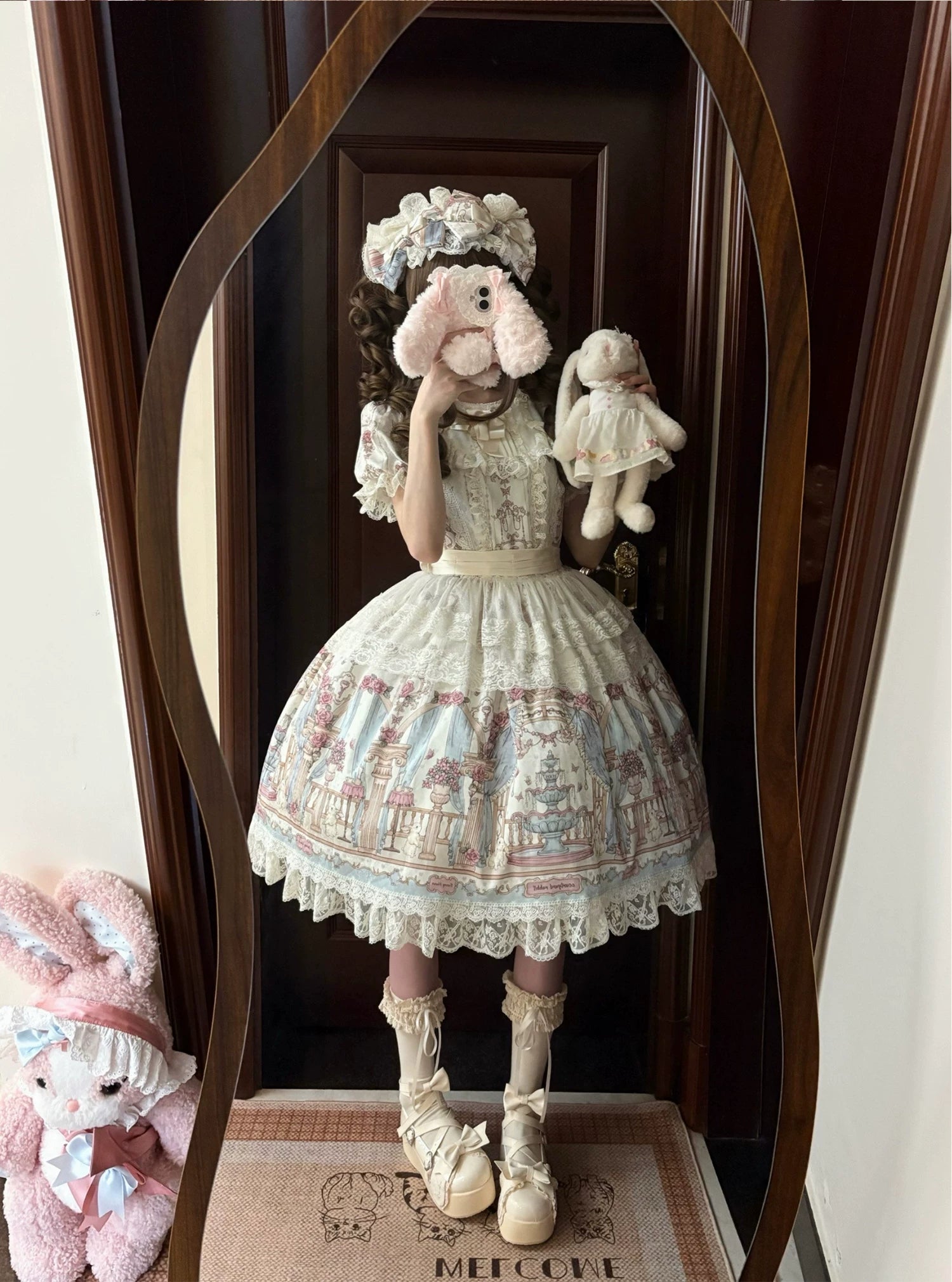 Wandering Rabbit's Palace - Doll-like Classic Lolita Palace Print OP Dress with Lace
