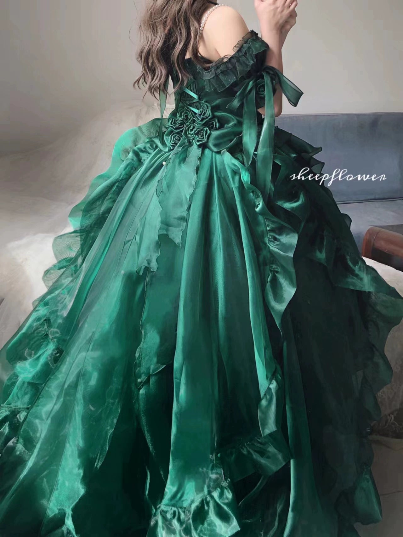 Meowing and fruity - Elegant Lolita Gorgeous Trailing With Large Hem & Shoulder Strap Atonement Green - Gorgeous Trailing One Size