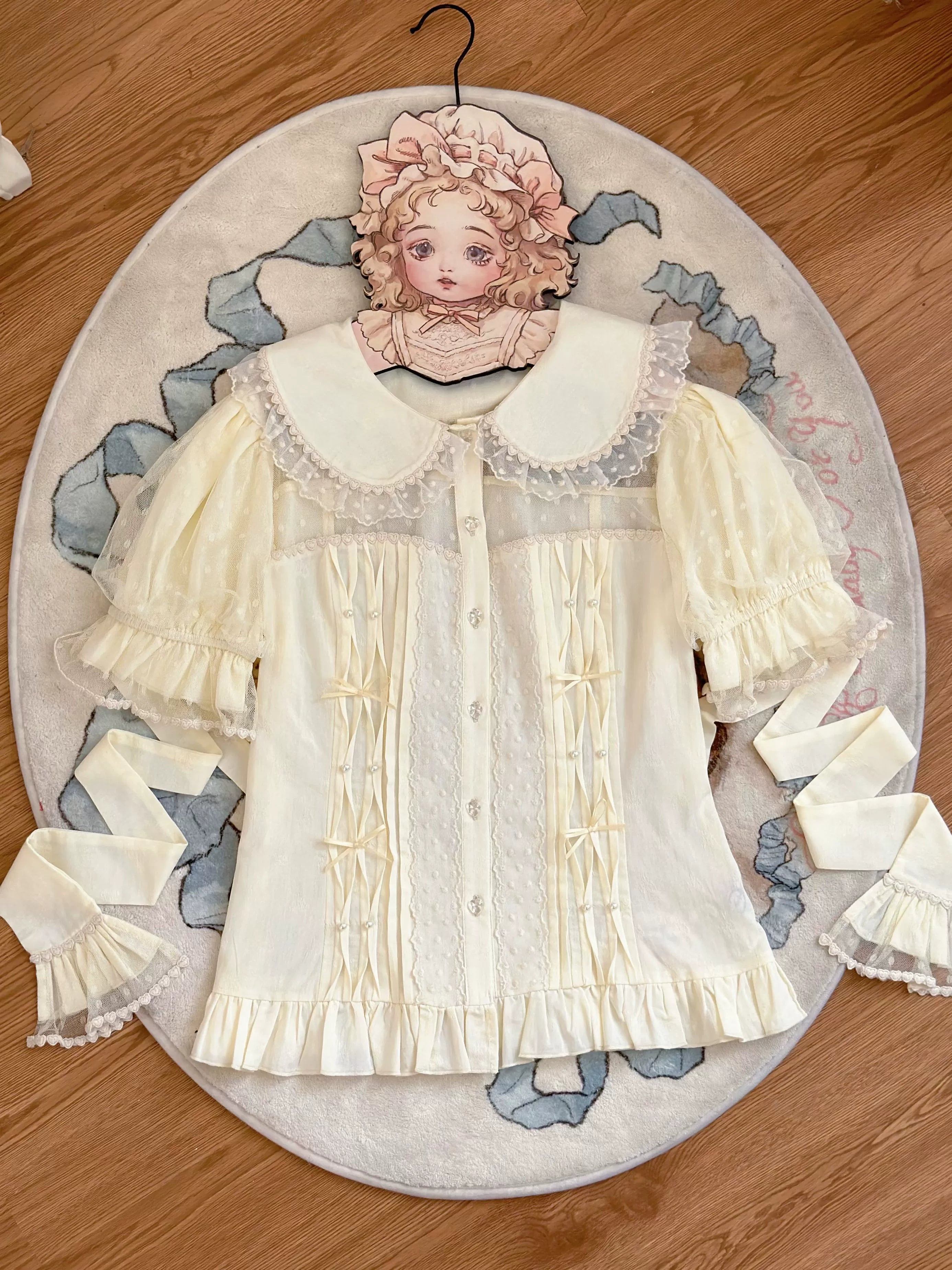 Magic Tea Party - Little Heart - Cotton Lolita Shirt Versatile Puffy Sleeve Blouse S Beige