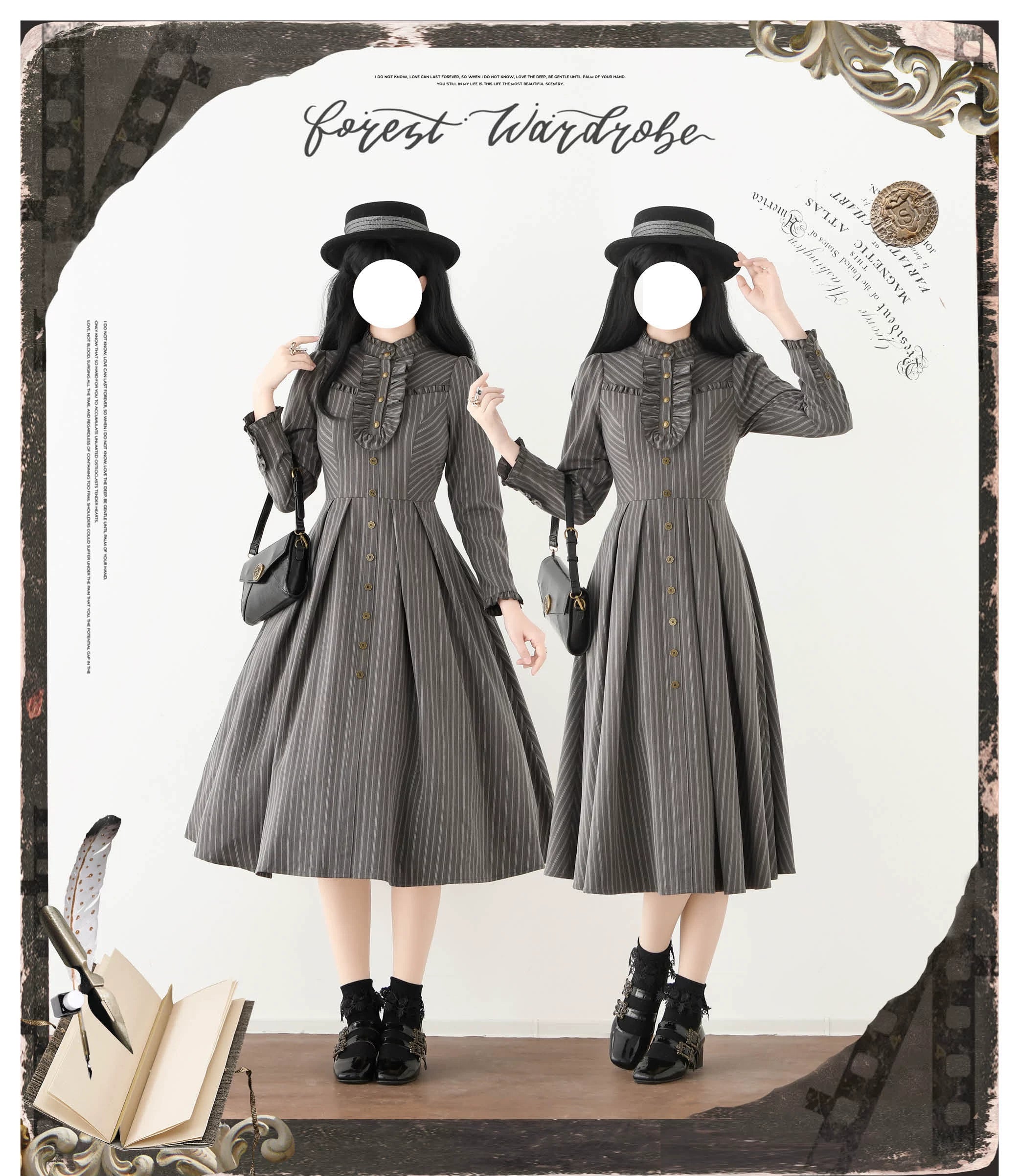 Forest Castle - Classic Lolita Long Striped Dress, Irregular Hem Vest 44441:809860