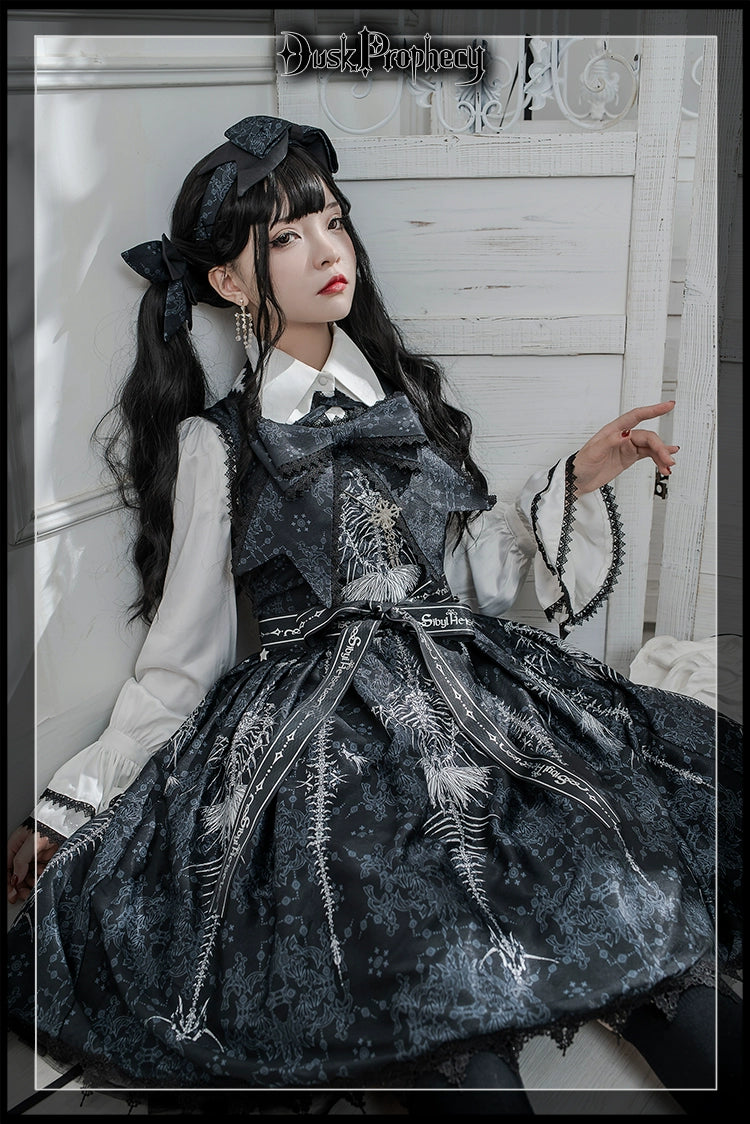 DuskProphecy - Coccyx - Elegant Lolita Dress High Waist Fishbone Print JSK Set 34722:466386