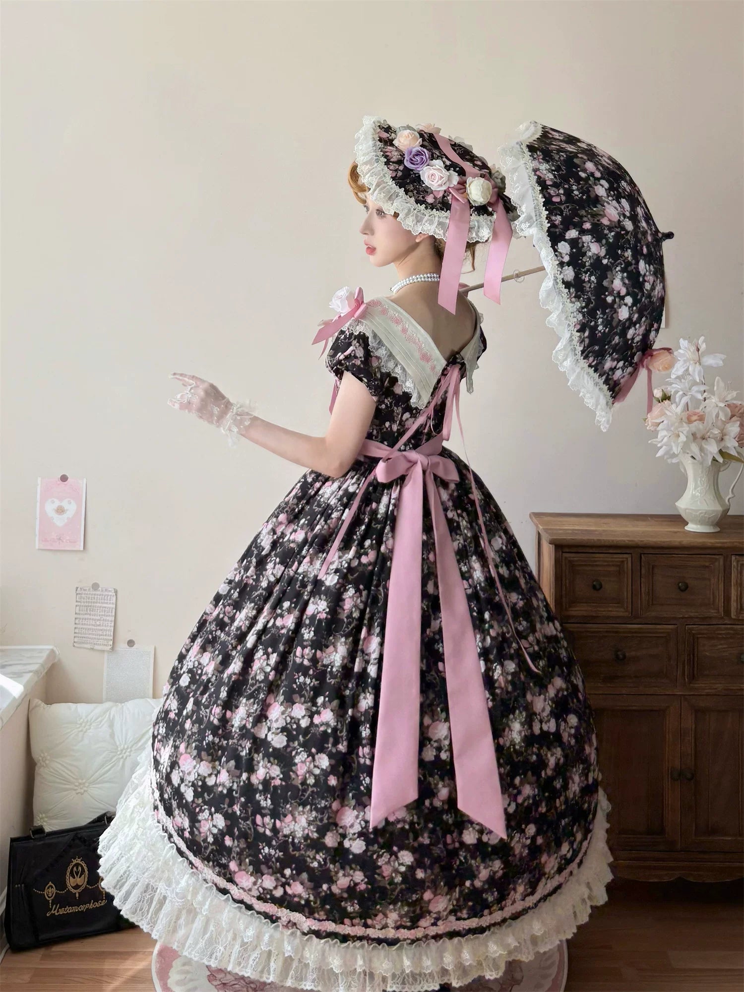 Dolota Flower Wall - Classic Lolita Floral OP Dress, Open Shoulder 44485:811110