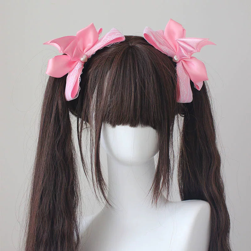 Gothic Lolita Hair Clips, Cross & Devil Wings Pure Pink