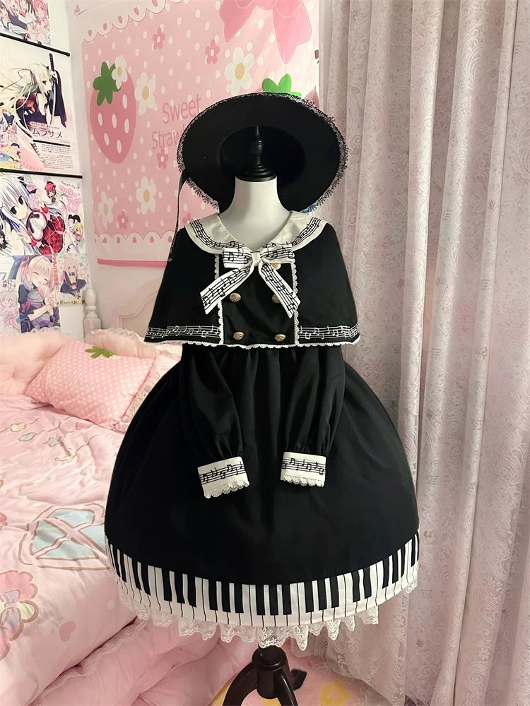 Piano Serenade - Old School Lolita Cape Layered Dress, Musical Note Embroidery 45785:862516