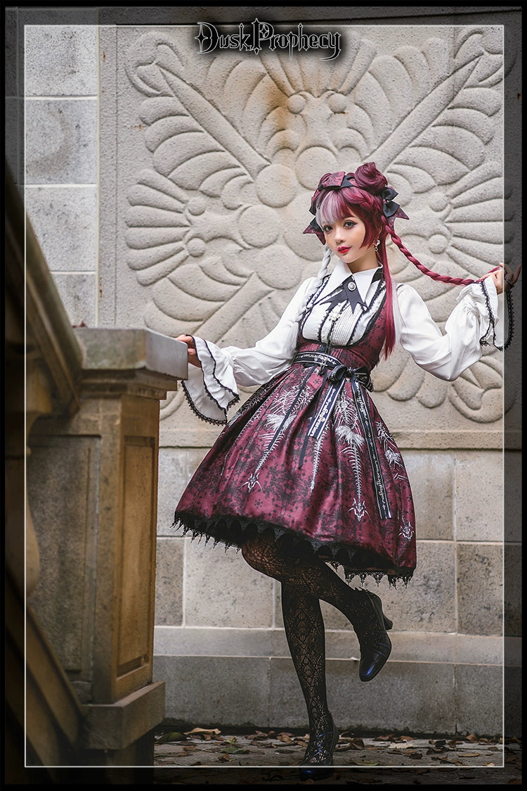 DuskProphecy - Coccyx - Elegant Lolita Dress High Waist Fishbone Print JSK Set 34722:466556
