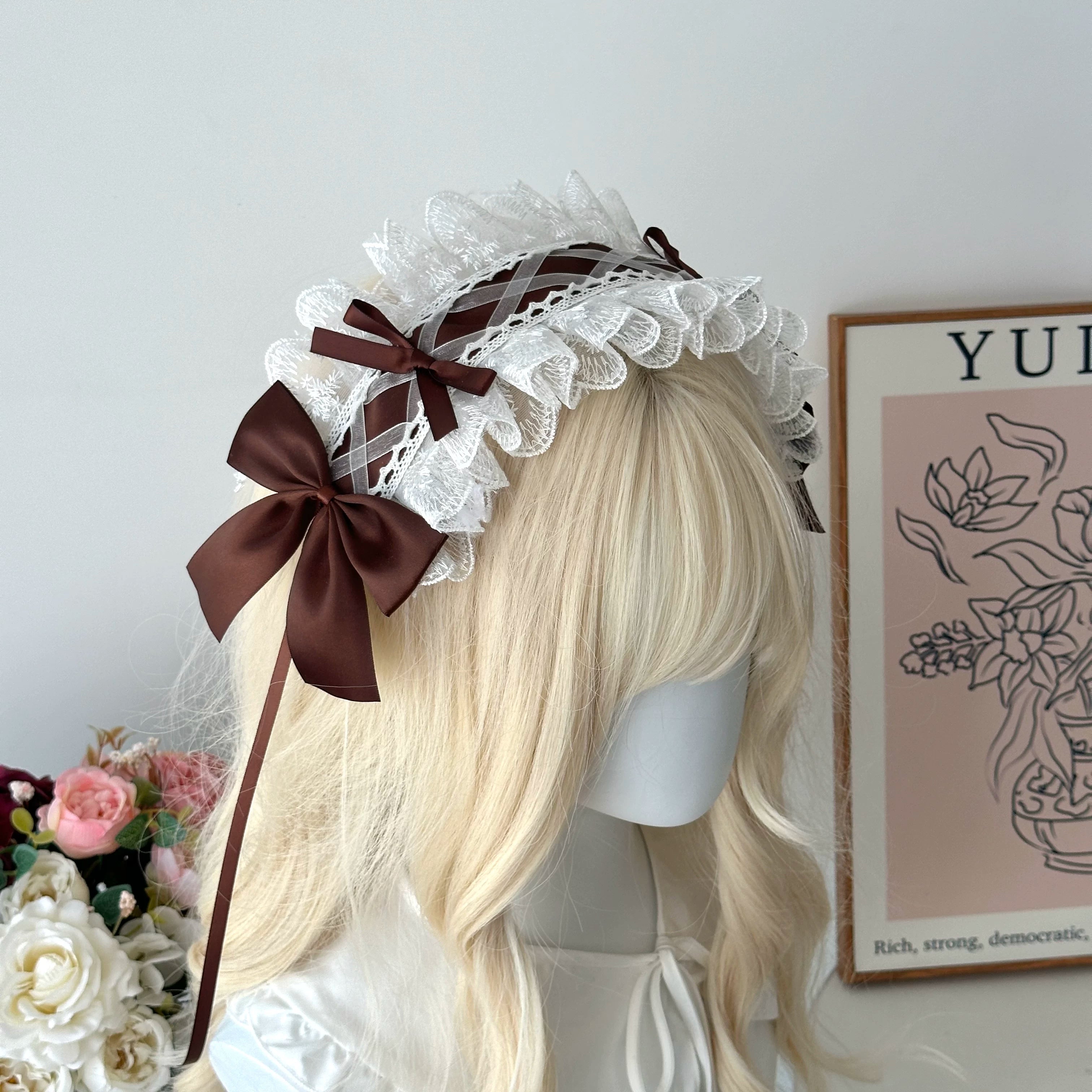 Sweet Lolita Lace Headbands, Ribbon & Bow White lace with coffee brown bow headband