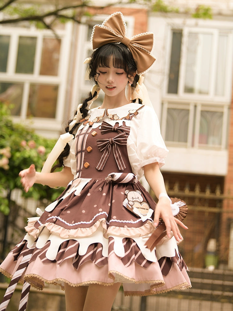 Half Sweet Lolita - Chocolate Milk Pie - Sweet Lolita Jumper Dress Summer Salopette S White short-sleeve blouse