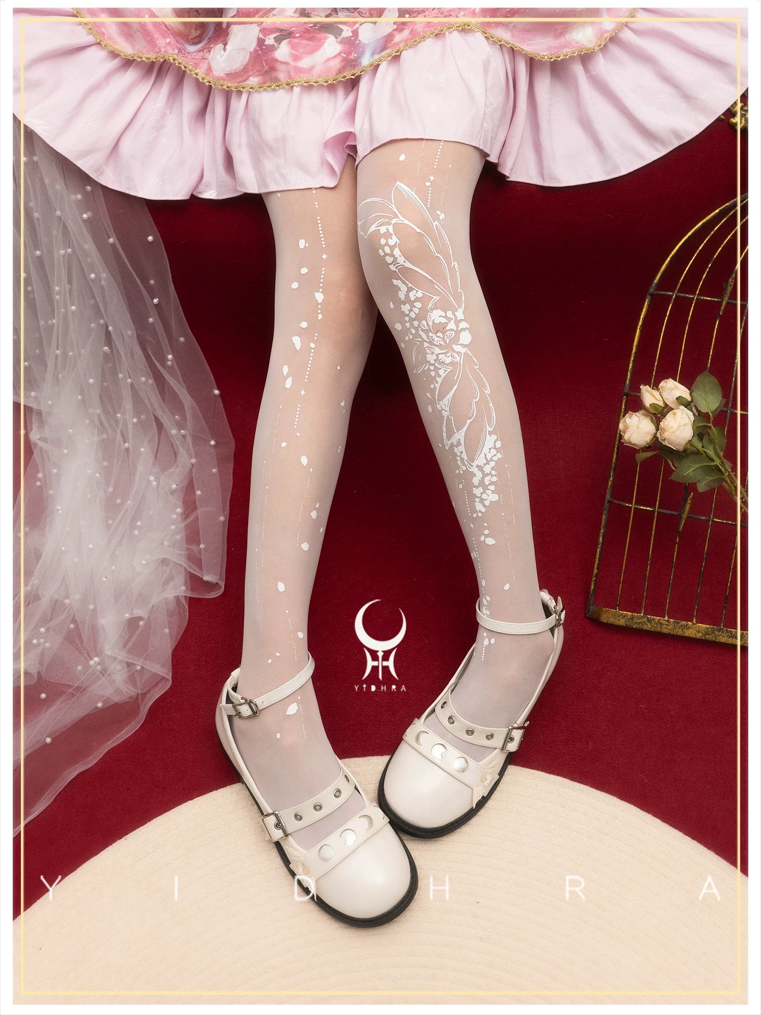 Thousand Crane Herb - Asymmetric Floral Print Lolita Pantyhose 20D - White Tights with White Print