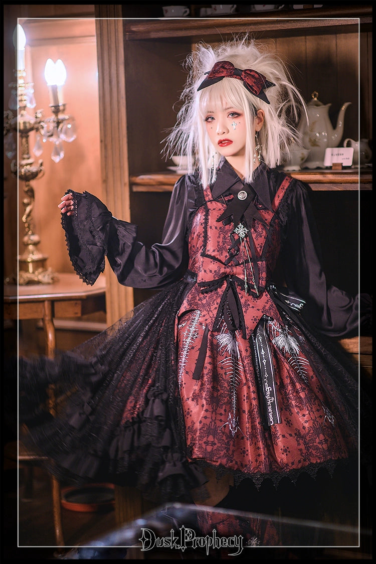 DuskProphecy - Coccyx - Elegant Lolita Dress High Waist Fishbone Print JSK Set 34722:466558