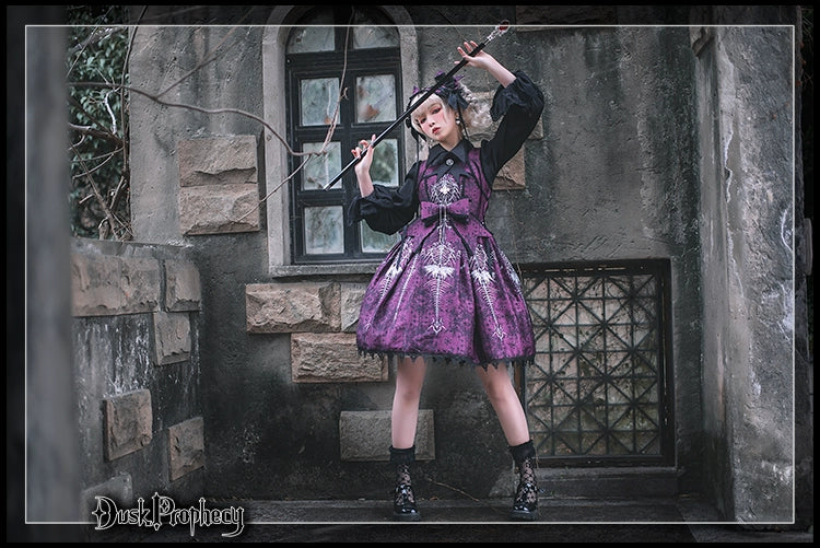 DuskProphecy - Coccyx - Elegant Lolita Dress High Waist Fishbone Print JSK Set 34722:466388