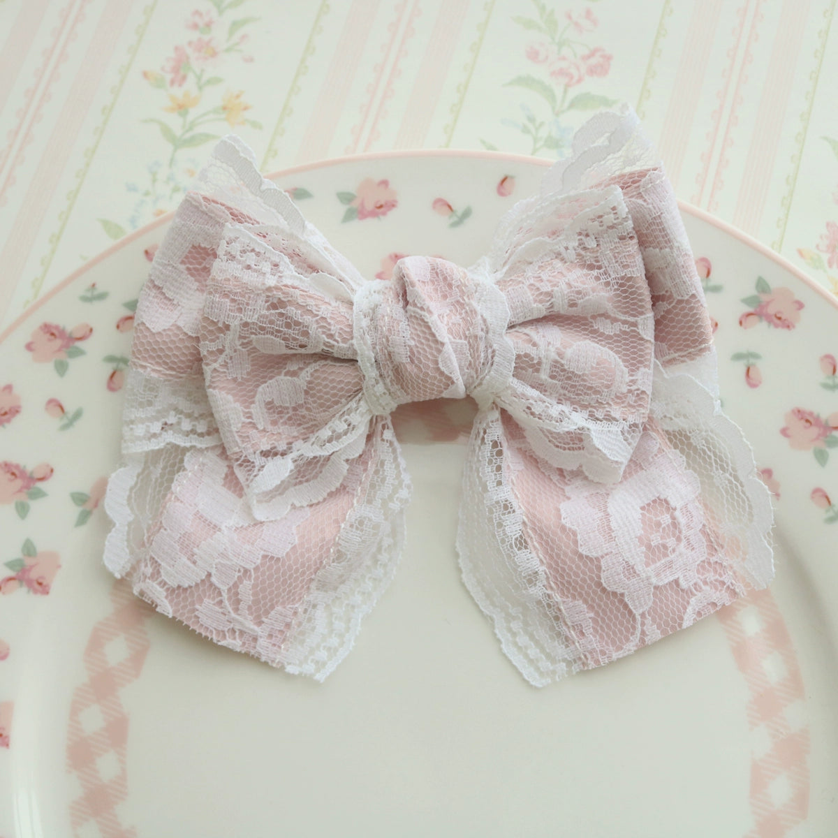 Creamy Bubbles - Sweet Lolita Hair Clip Pink Lace Bow Hair Clip and Brooch Handmade