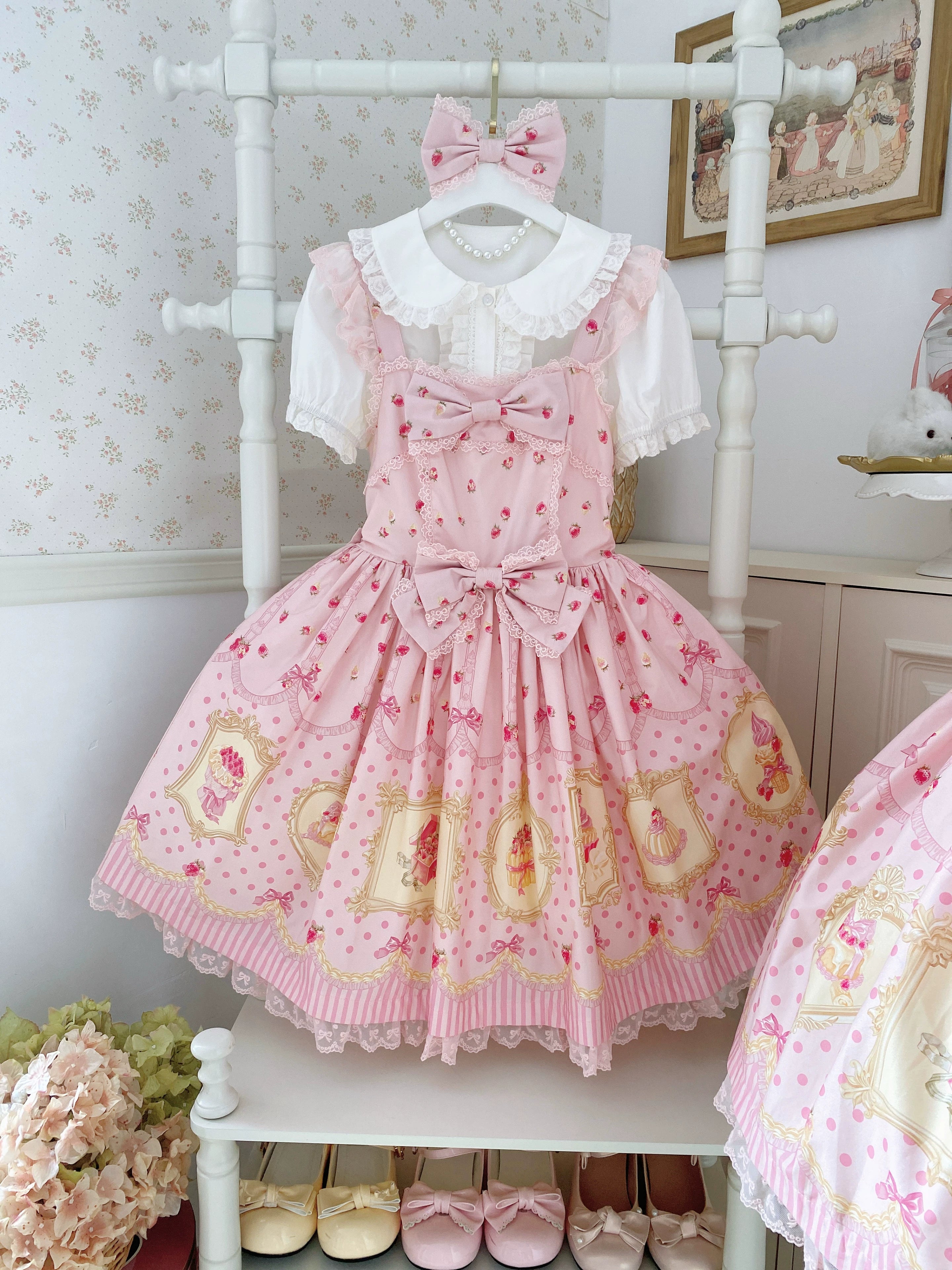 Pink Jade Strawberry - Sweet Lolita Strawberry Print JSK & OP Dress with Lace 45278:845319