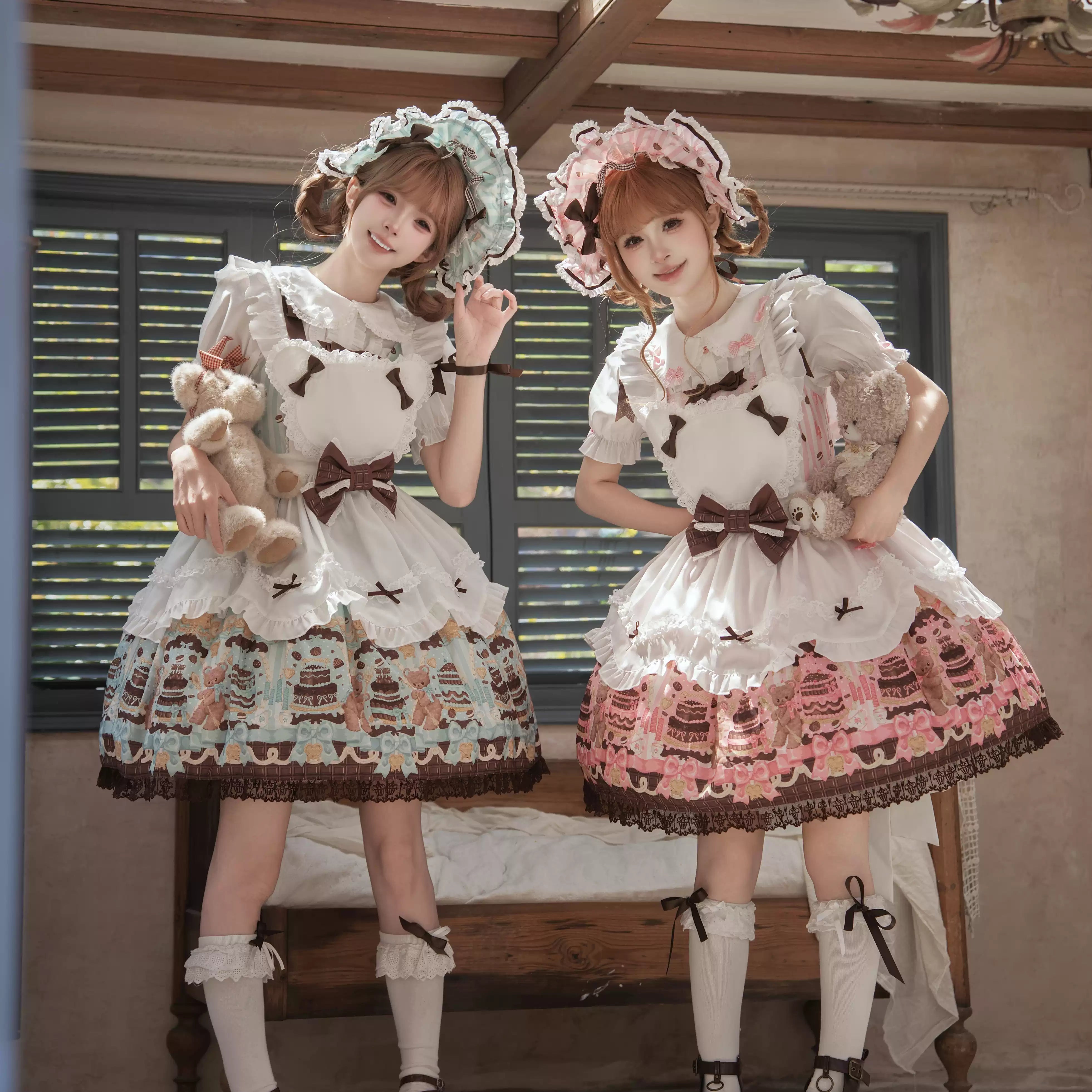 Cake Bear - Sweet Lolita Embroidered Collar Dress, Bear and Cake Print Mint Green - BNT Only S