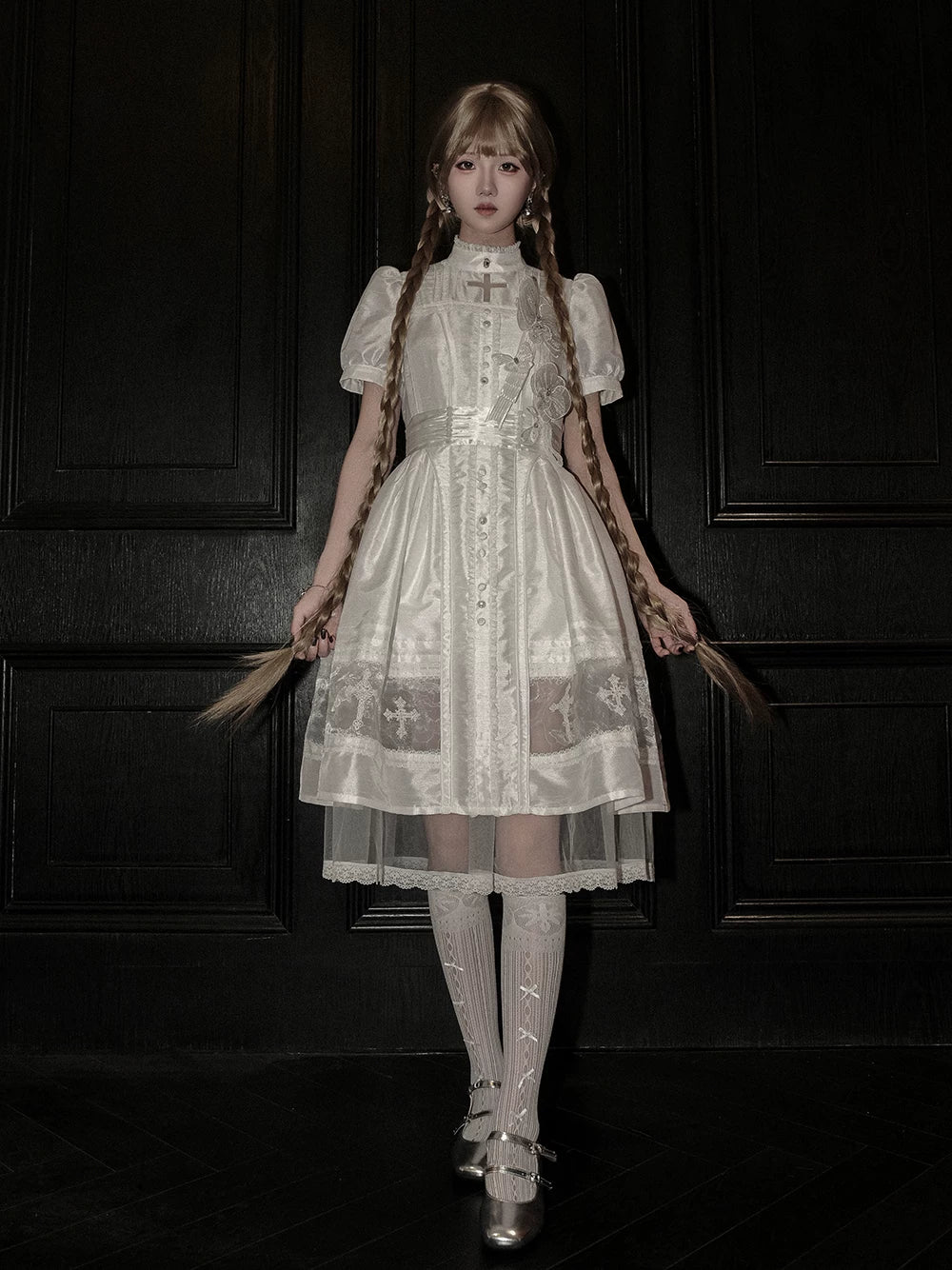 Ghost Orchid - Gothic Lolita OP Dress, Embroidered Cross