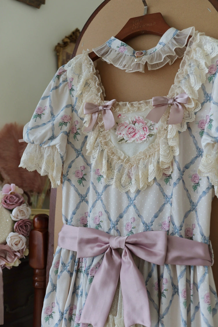 Moon River~Elegant Lolita OP Dress Short Sleeve Square Neckline Print Dress 34110:441902