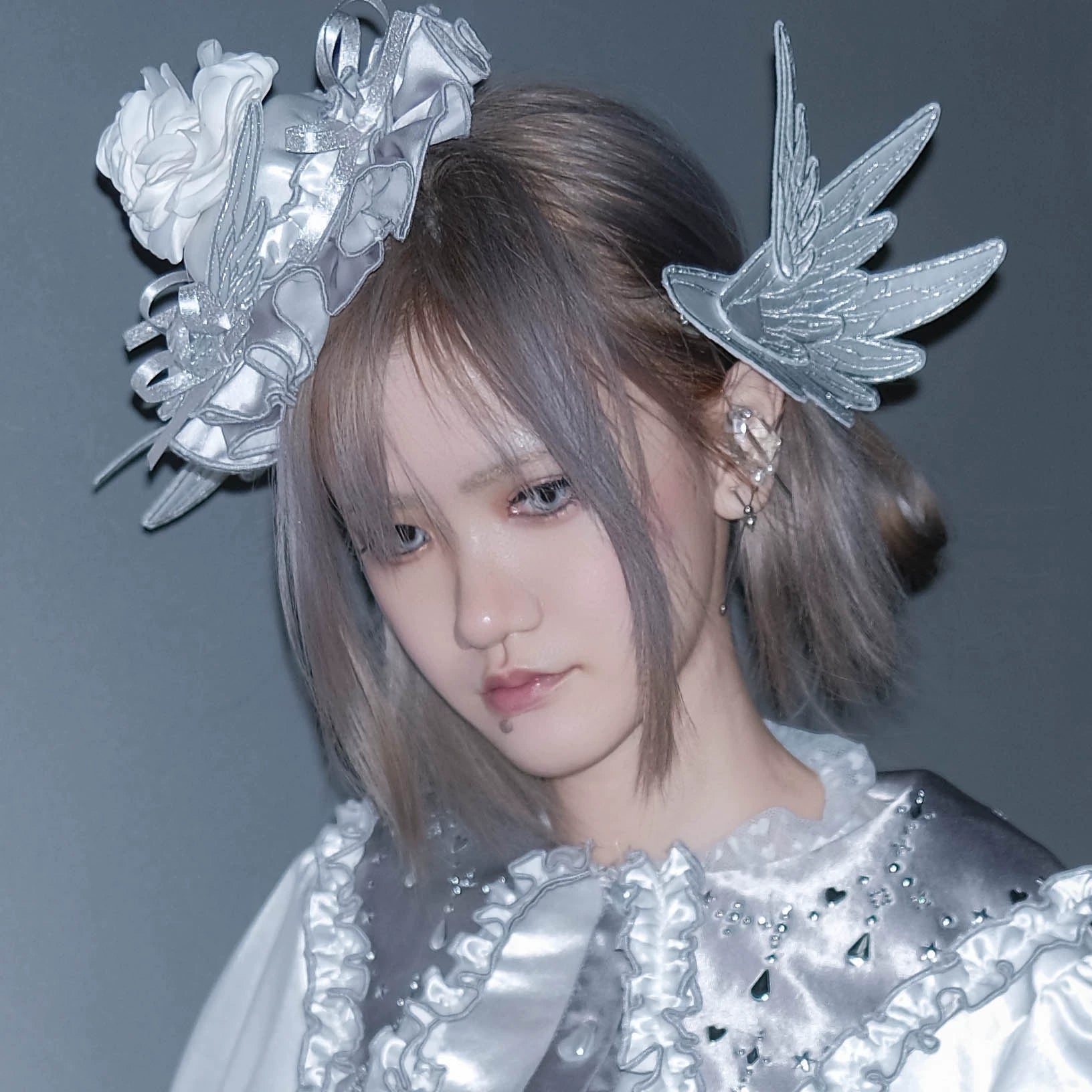 LustrE - Metallic Angel - Silver-white Punk Lolita JSK, Wing and Rhinestone Details 44276:801955