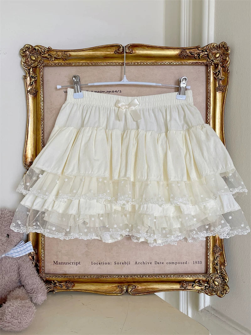 Sweet Lolita Cotton Bloomers, Lace Polka Dot Hem Ivory One Size