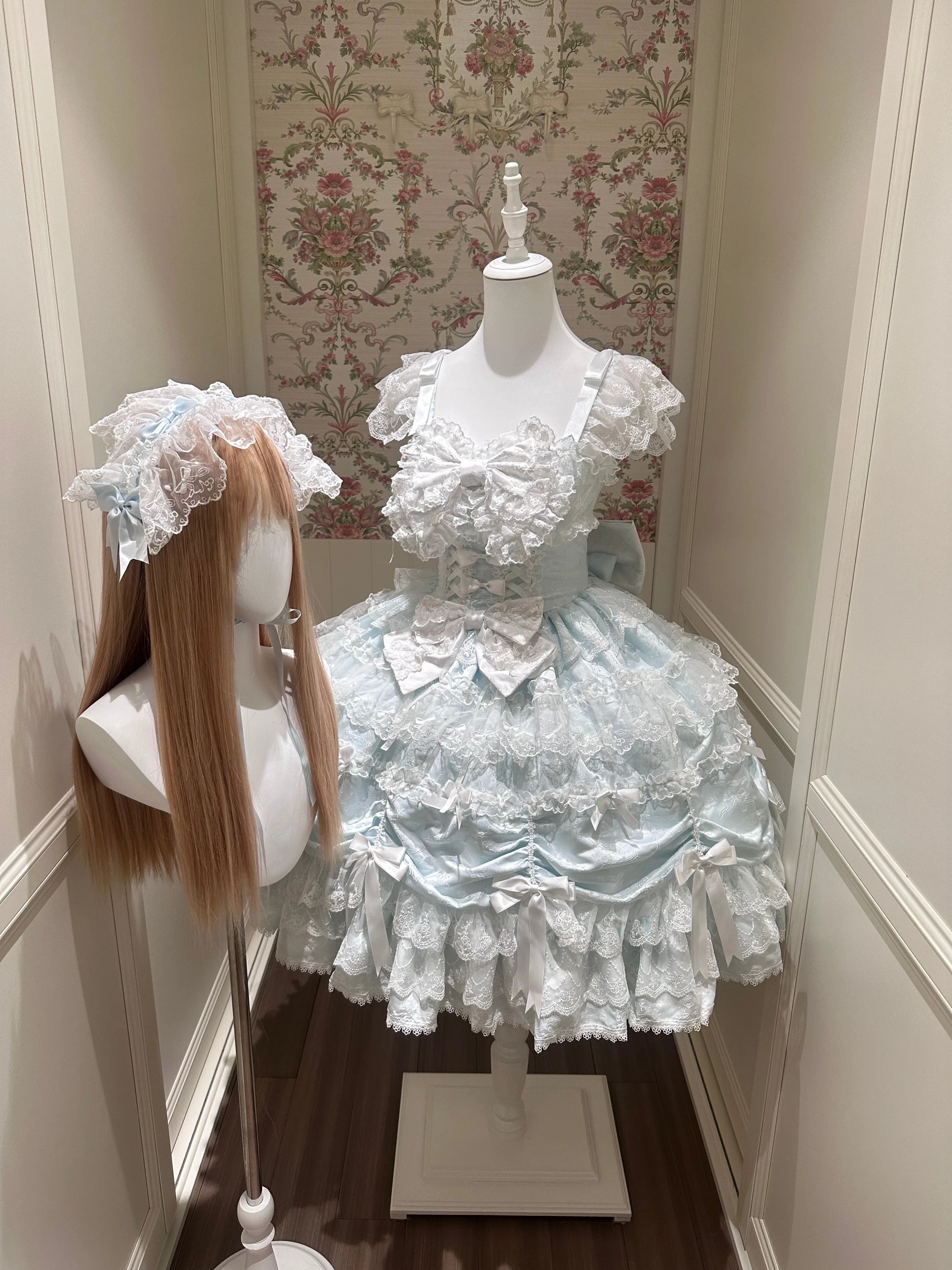 Satin Gift Box - Sweet Lolita JSK Dress, Bows and Layered Lace Blue JSK + Hairband S