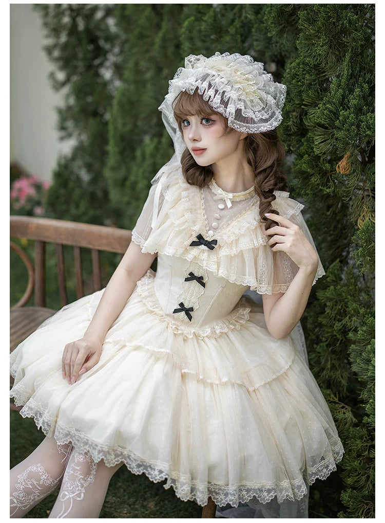 White Mist Promise - Classic Lolita Corset OP Set, Edwardian Collar & Tiered Hem 45173:838314