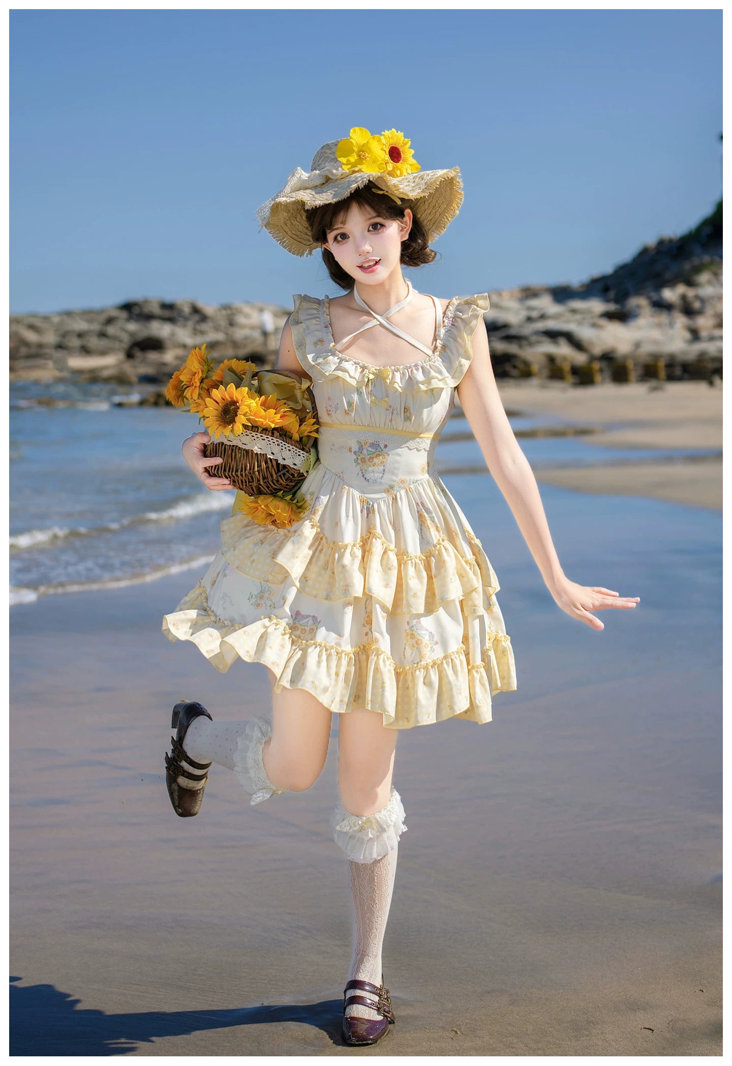 Small Sunflower - Classic Lolita Sunflower Printed JSK Dress, Tiered Hem 45740:860903