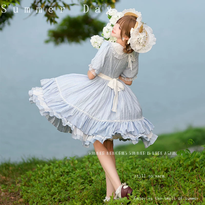 Afternoon Tea - Classic Lolita OP Dress, Lace Peter Pan Collar Blue (pre order) XS