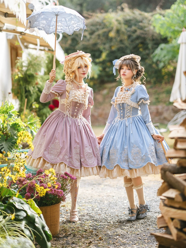 Amber Realm - Dream Strings - Embroidered Classic Lolita OP Dress, Princess Sleeves