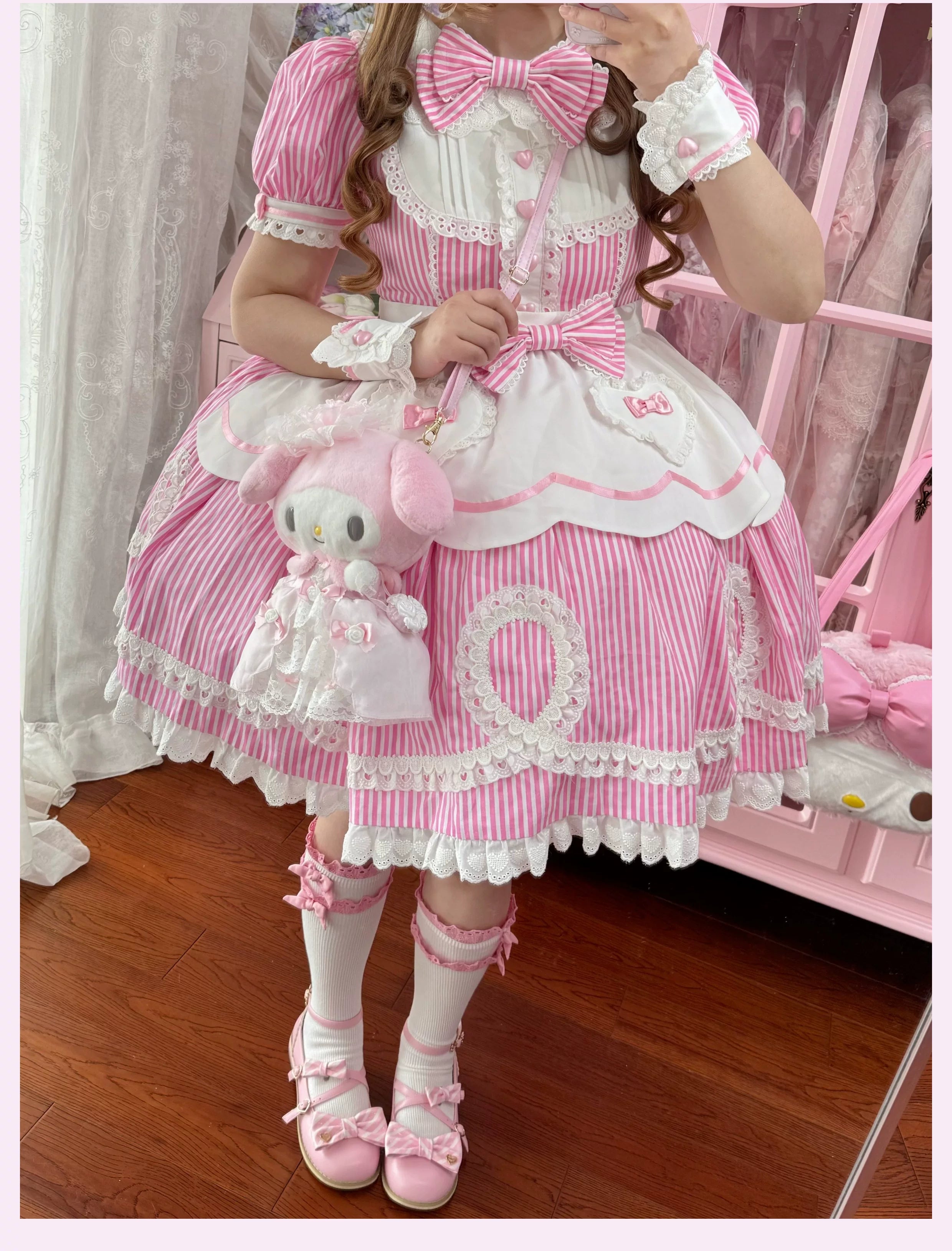 Candy Shop Manager - Old School Lolita Striped OP Dress, Detachable Apron 44788:822068