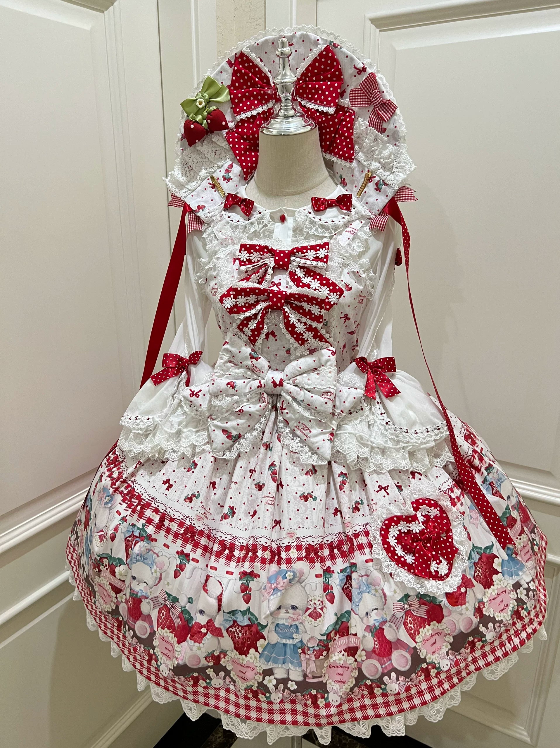Strawberry Plaid Bunny - Printed Sweet Lolita JSK Dress, Hime Sleeve Blouse White One Size JSK Only